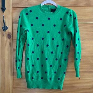J. Crew Green Cashmere Crewneck Sweater with Navy Polka Dots
